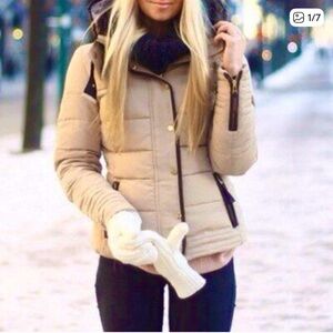 Zara Taupe Quilted Puffer Jacket with Faux Fur Collar